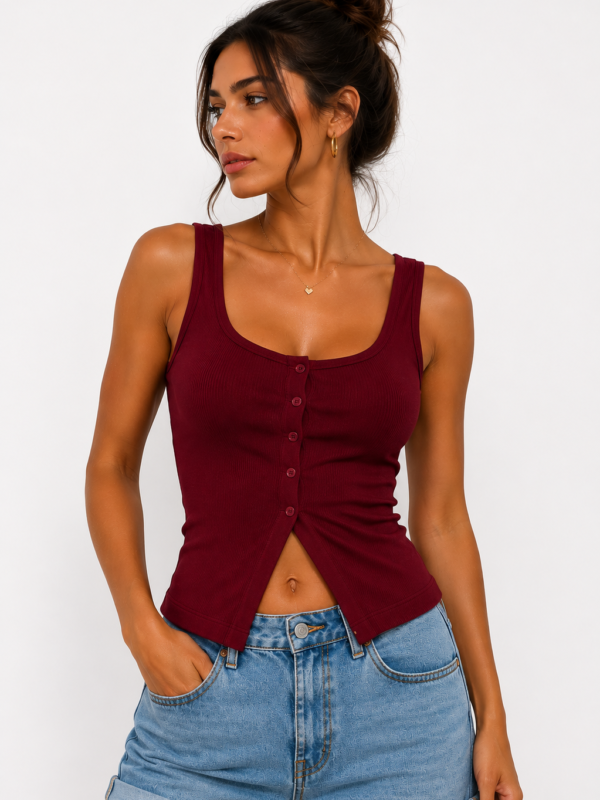 Ribbed Button Top-red