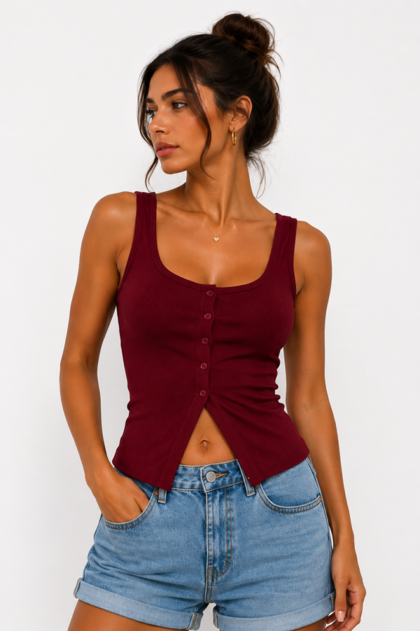 Ribbed Button Top-red