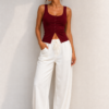 Ribbed Button Top-red