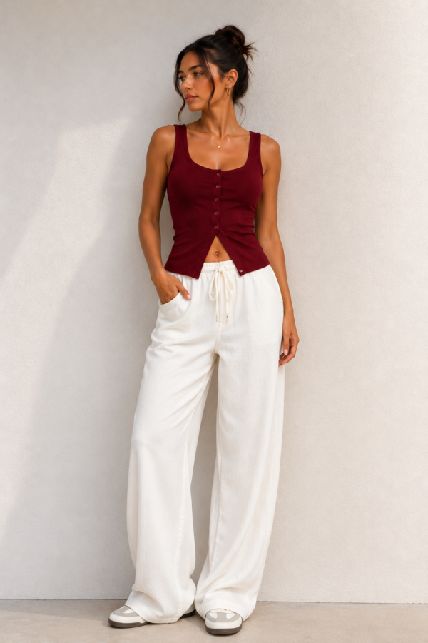 Ribbed Button Top-red