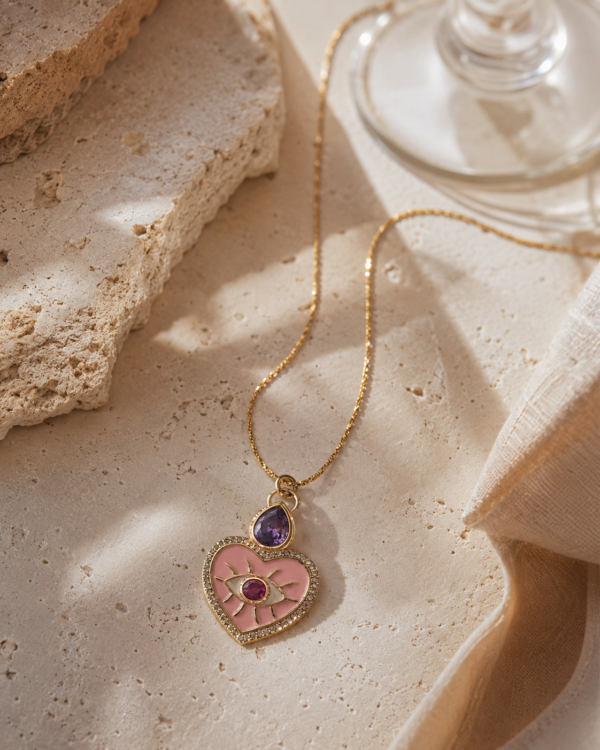 Pink Heart Eye Necklace – Stainless Steel