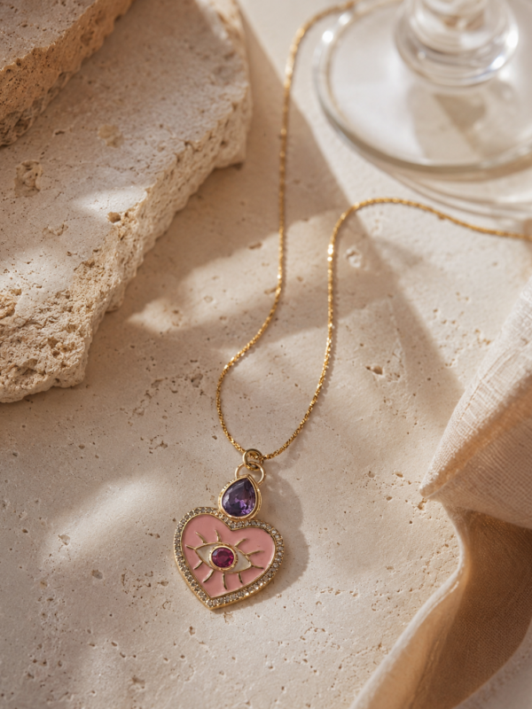 Pink Heart Eye Necklace – Stainless Steel