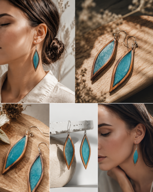 Ξύλινα Σκουλαρίκια Aqua Leaf